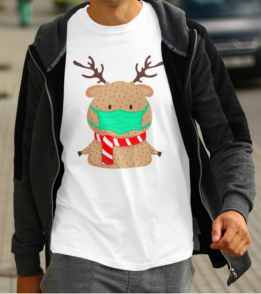 Reindeer Wearing Green Face Mask And Red White Scarf T-Shirt