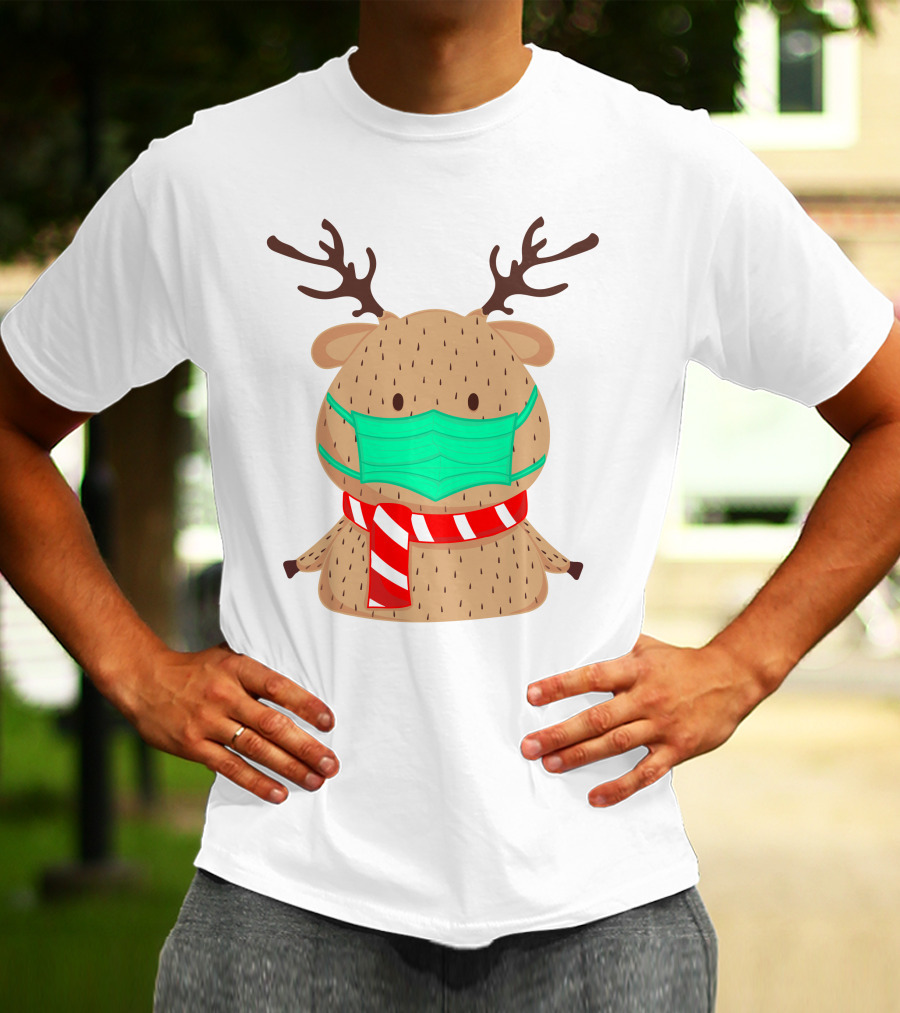 Reindeer Wearing Green Face Mask And Red White Scarf T-Shirt