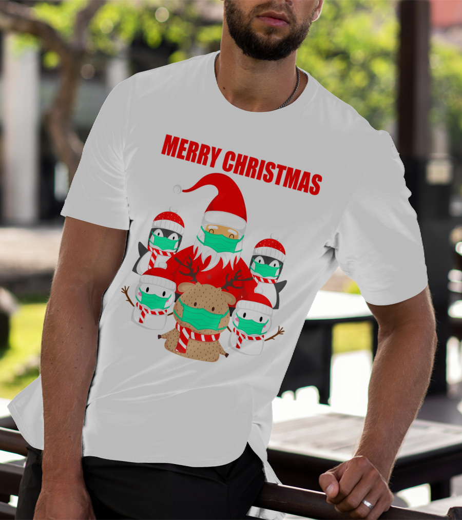 Merry Christmas Santa Deer Penguin Social Distance T-Shirt