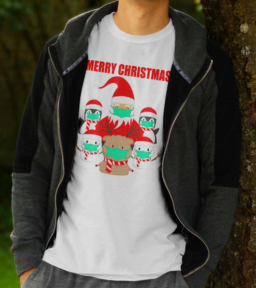 Merry Christmas Santa Deer Penguin Social Distance T-Shirt