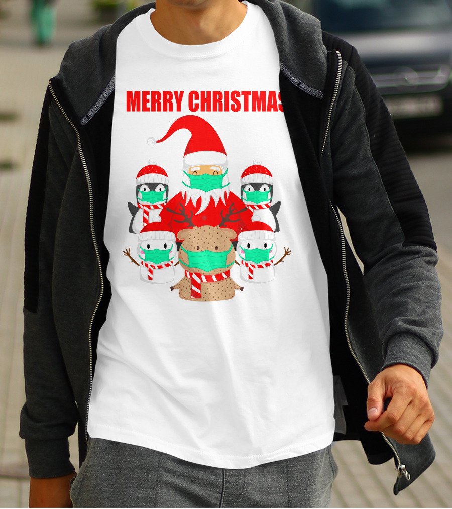 Merry Christmas Santa Deer Penguin Social Distance T-Shirt
