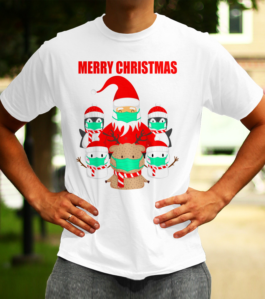 Merry Christmas Santa Deer Penguin Social Distance T-Shirt