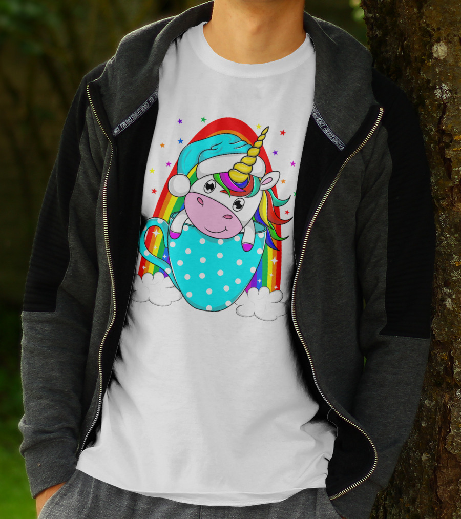 Unicorn In Polka Dot Blue Cup With Rainbow And Stars T-Shirt