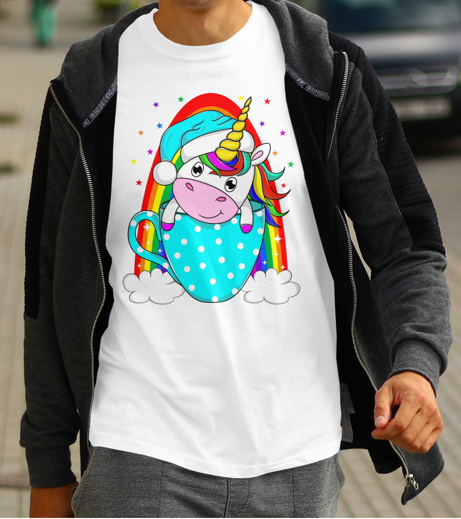 Unicorn In Polka Dot Blue Cup With Rainbow And Stars T-Shirt
