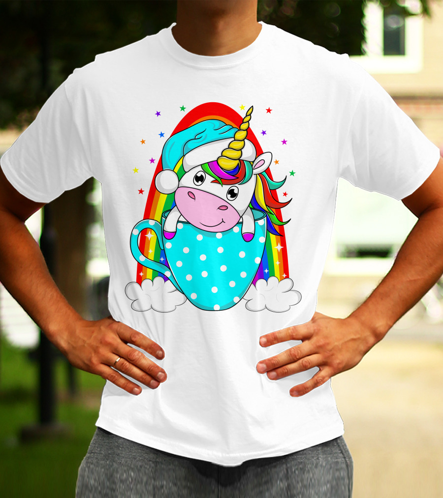 Unicorn In Polka Dot Blue Cup With Rainbow And Stars T-Shirt