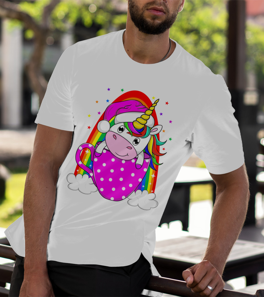 Unicorn Rainbow Santa In Pink Polka Dot Cup T-Shirt