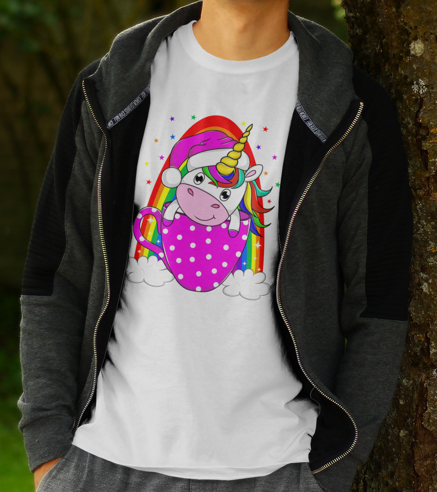 Unicorn Rainbow Santa In Pink Polka Dot Cup T-Shirt