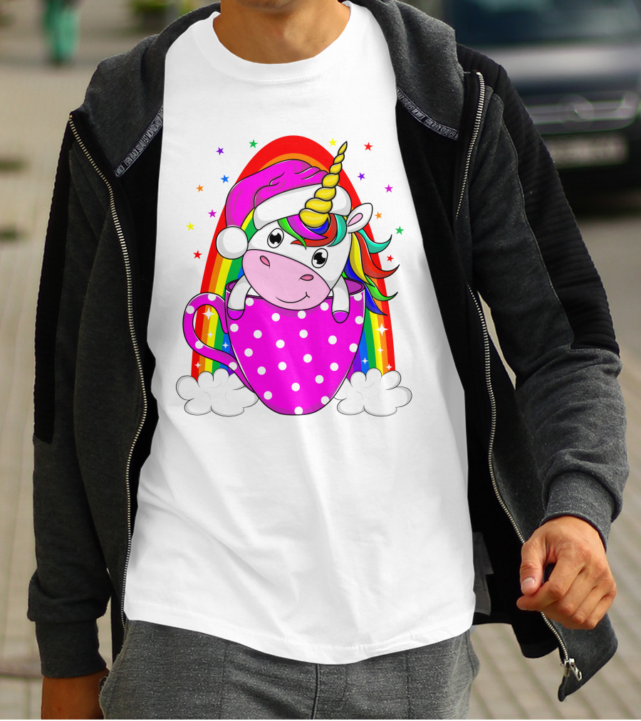 Unicorn Rainbow Santa In Pink Polka Dot Cup T-Shirt