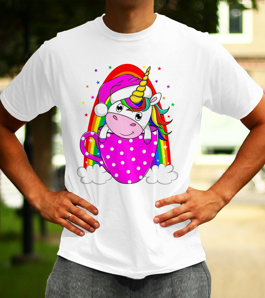 Unicorn Rainbow Santa In Pink Polka Dot Cup T-Shirt