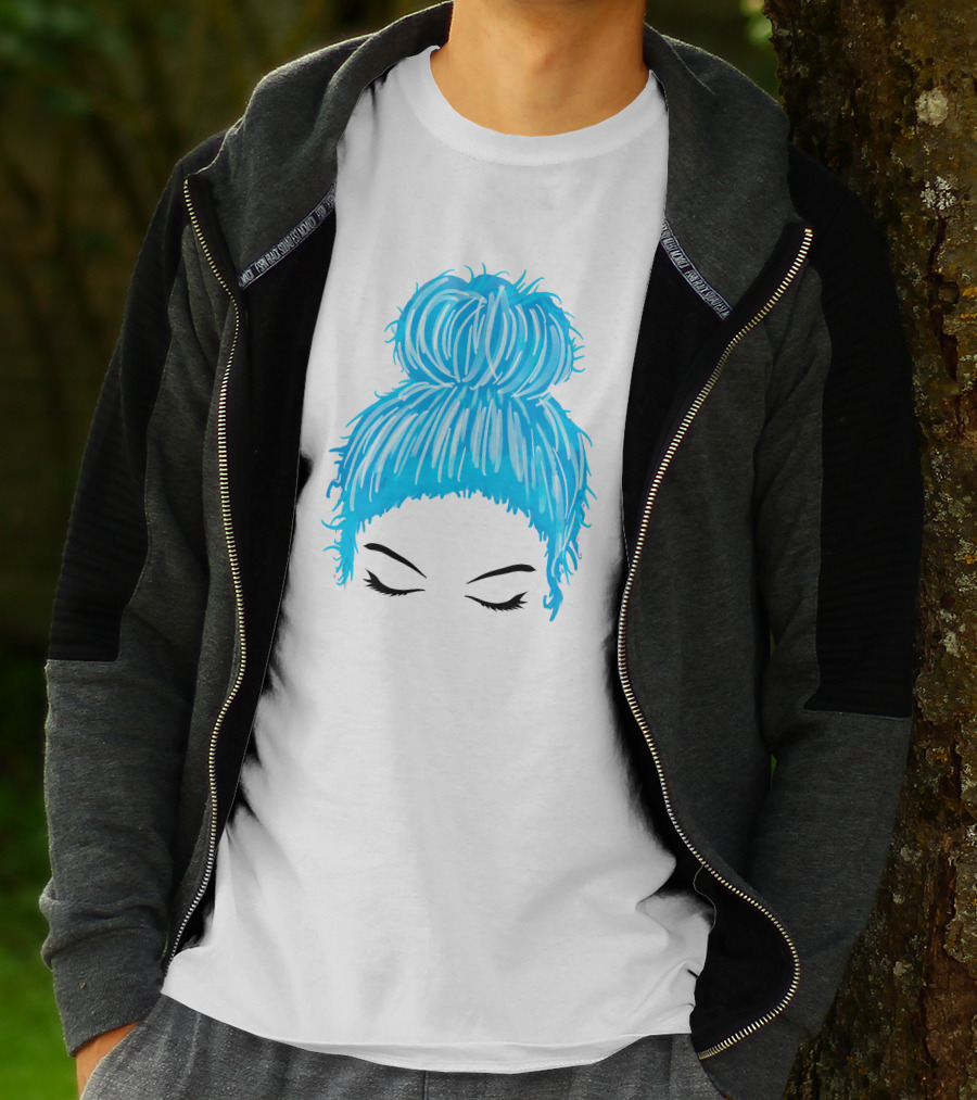 Messy Bun Blue Hair Momlife Trendy Hairstyle Sketch T-Shirt