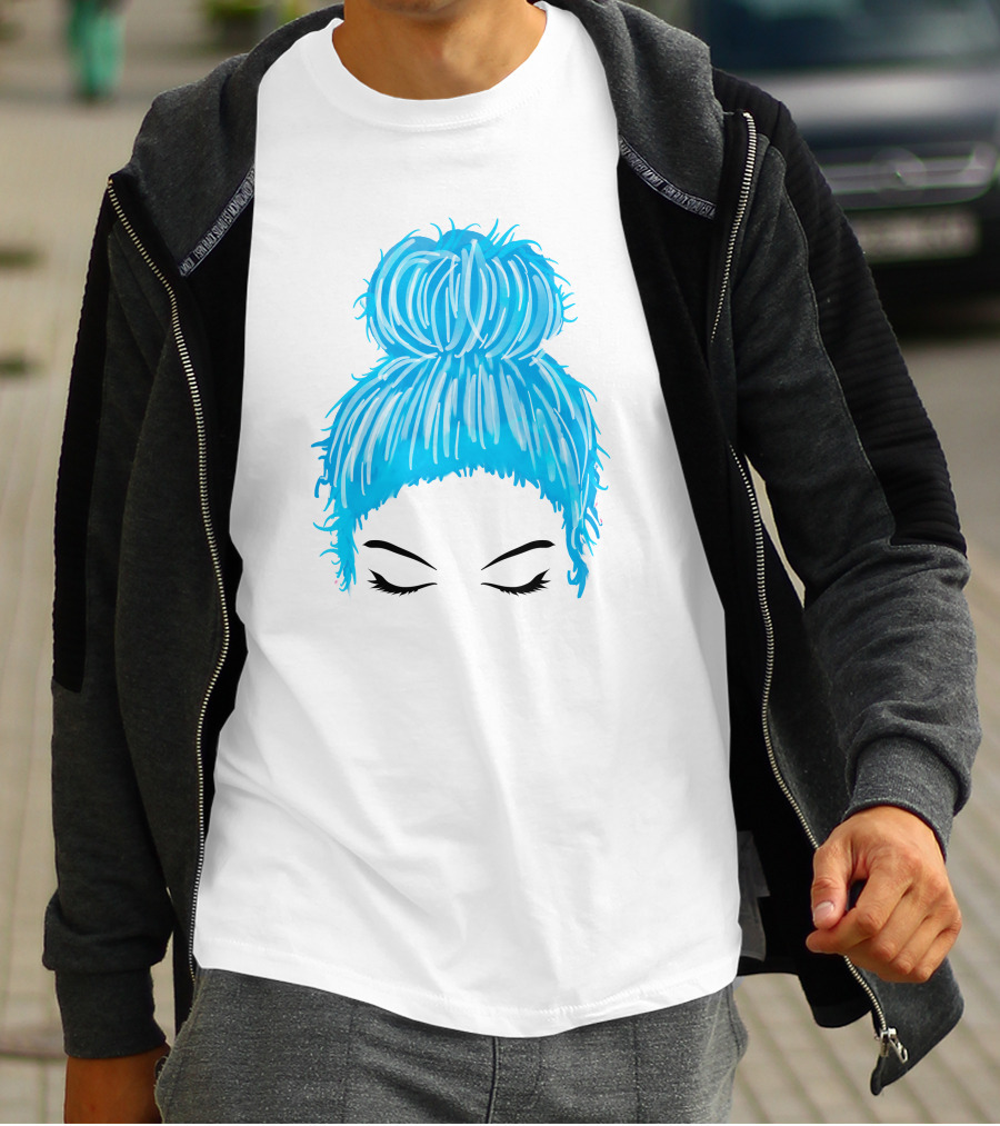 Messy Bun Blue Hair Momlife Trendy Hairstyle Sketch T-Shirt