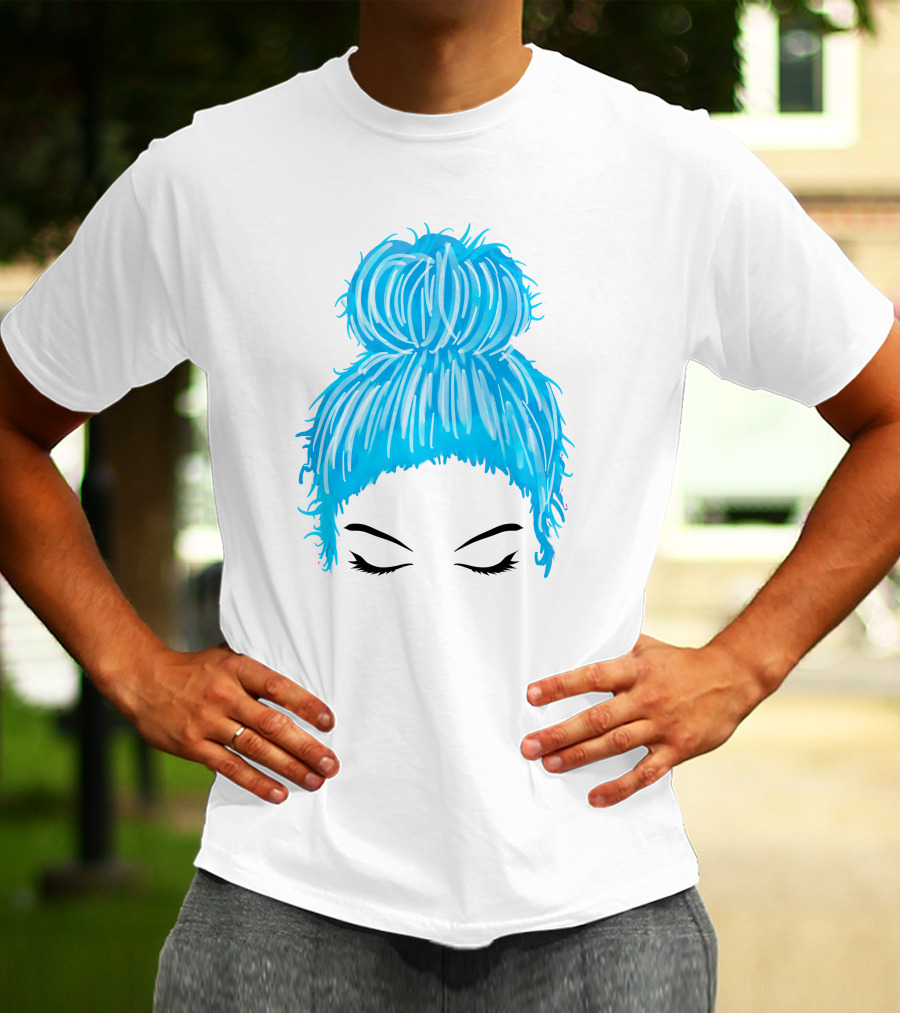 Messy Bun Blue Hair Momlife Trendy Hairstyle Sketch T-Shirt