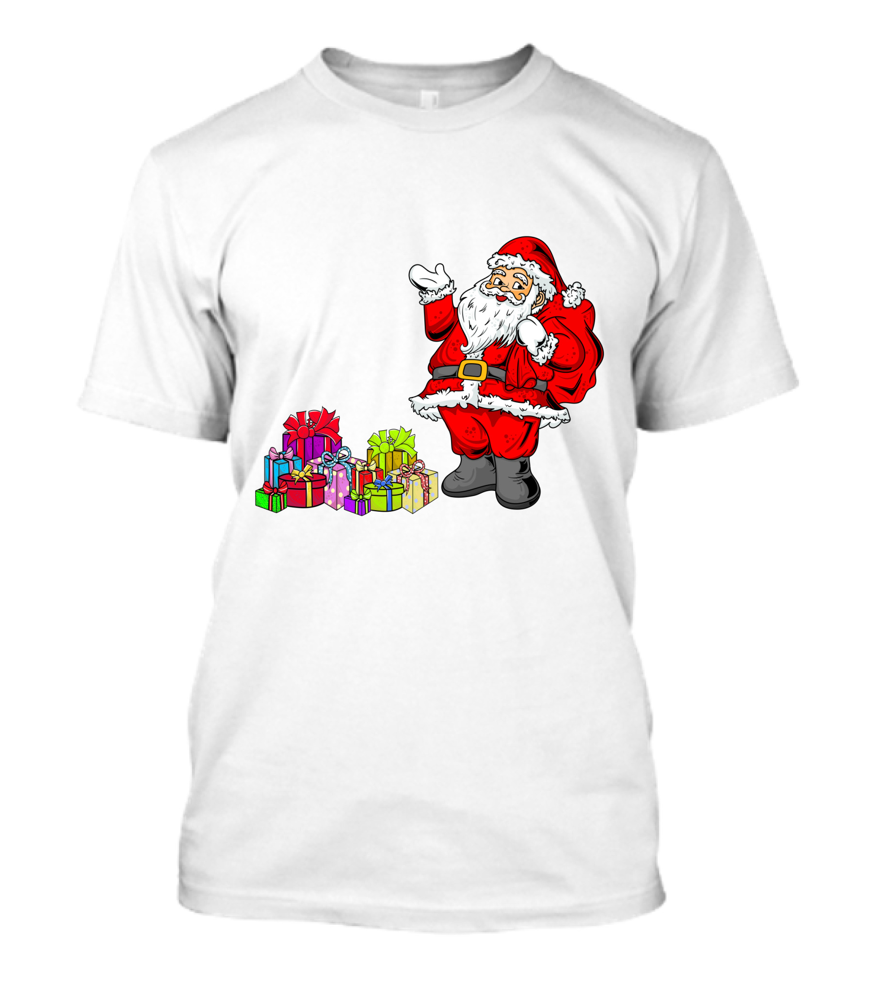 Santa Claus Joyfully Delivering Colorful Presents T-Shirt