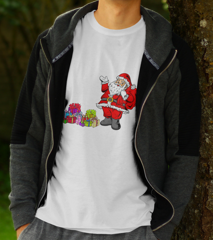 Santa Claus Joyfully Delivering Colorful Presents T-Shirt
