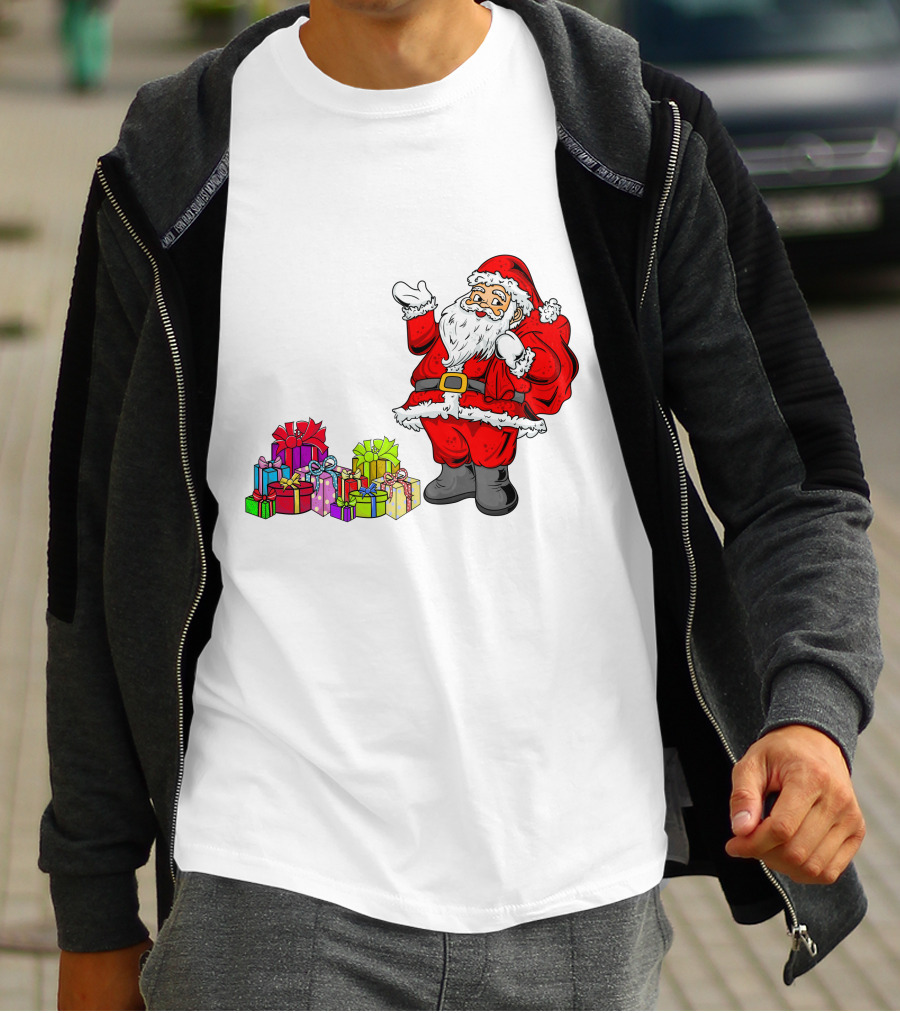Santa Claus Joyfully Delivering Colorful Presents T-Shirt