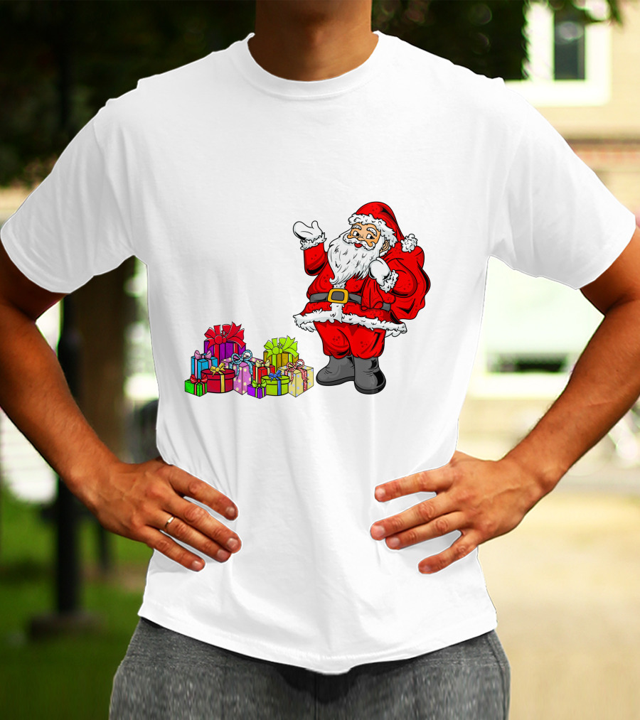 Santa Claus Joyfully Delivering Colorful Presents T-Shirt