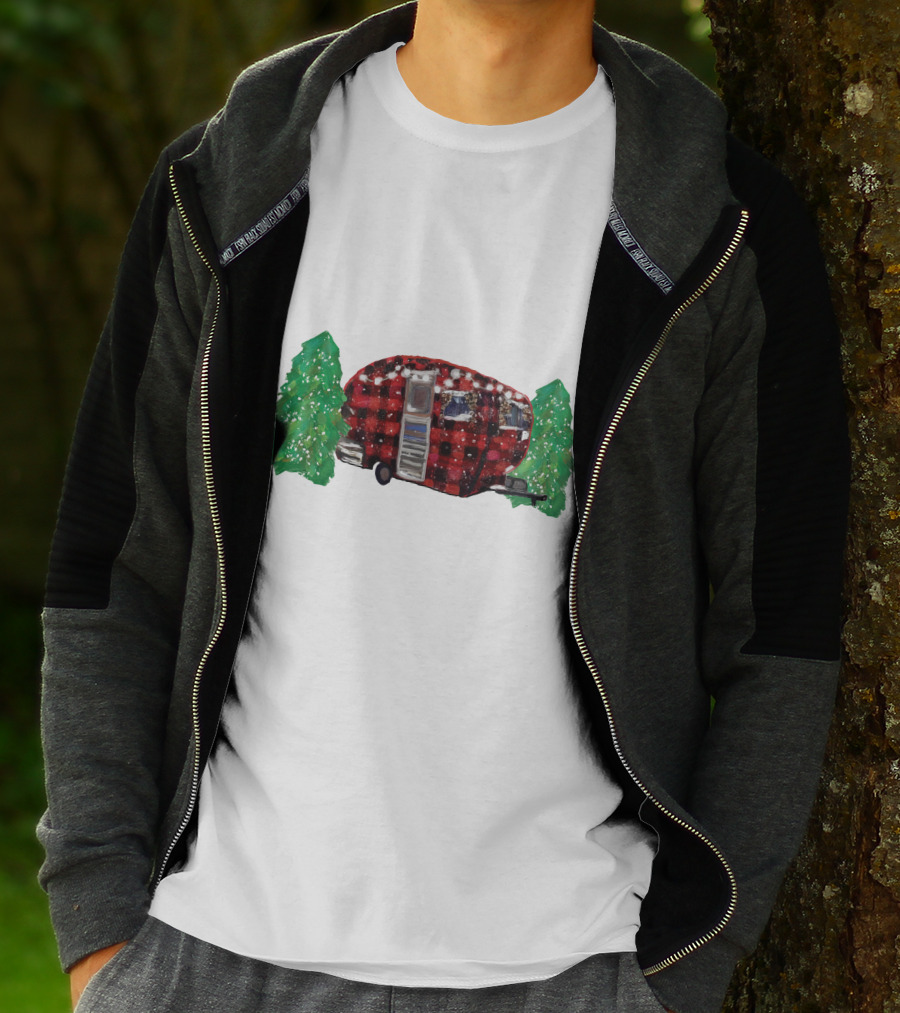 Watercolor Christmas Buffalo Plaid Camper With Trees T-Shirt
