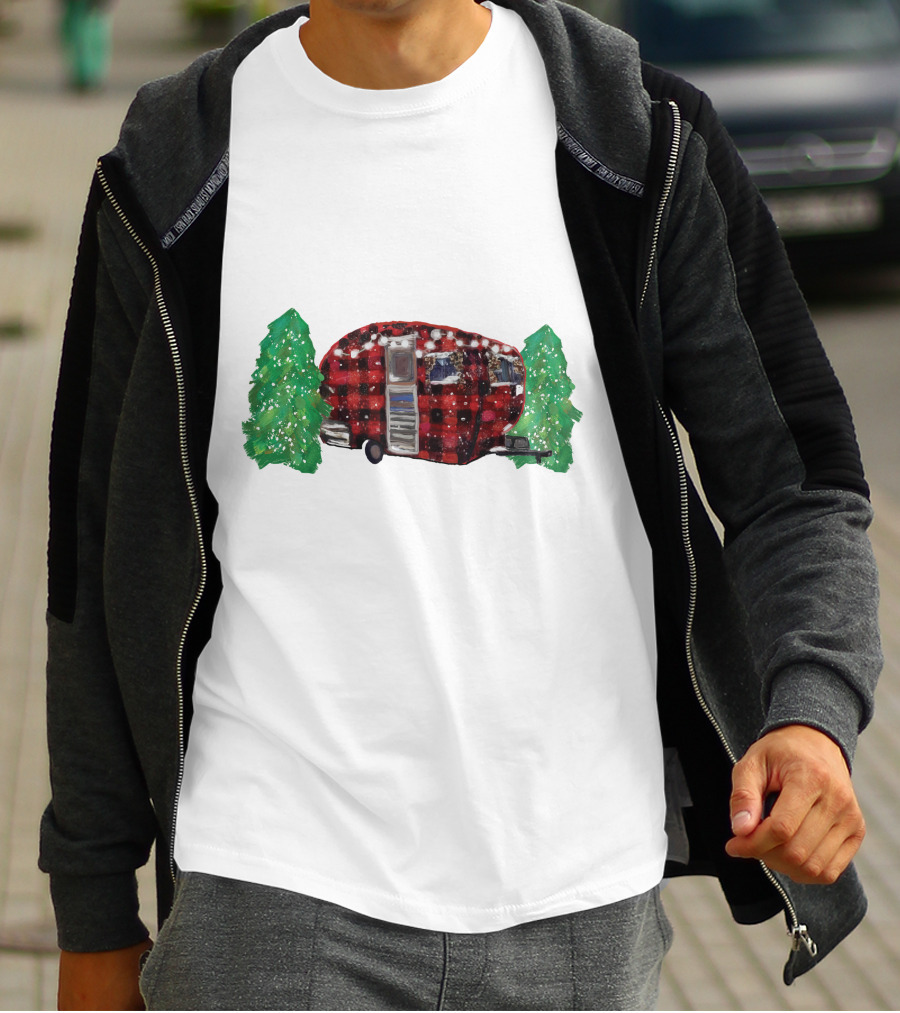 Watercolor Christmas Buffalo Plaid Camper With Trees T-Shirt