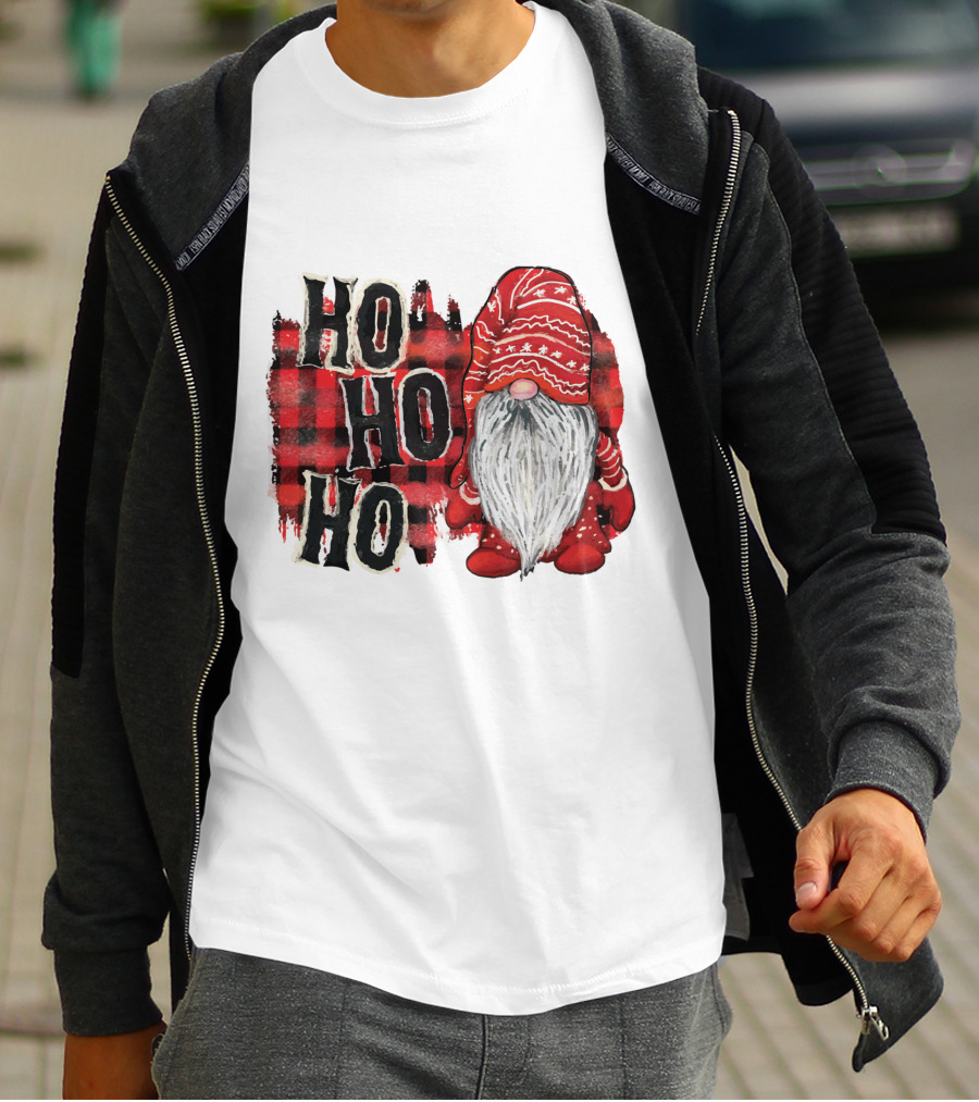 Watercolor Plaid Christmas Gnome Ho Ho Ho Red Holiday T-Shirt