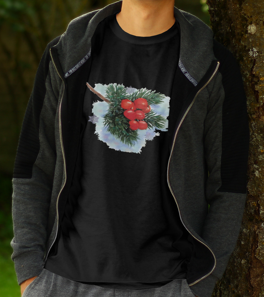 Watercolor Holiday Christmas Holly Berries Branch Pine Needles T-Shirt