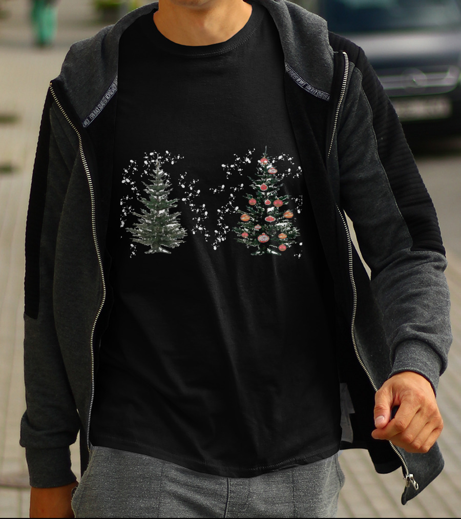 Watercolor Christmas Trees Snowy Evergreen With Red Ornaments T-Shirt