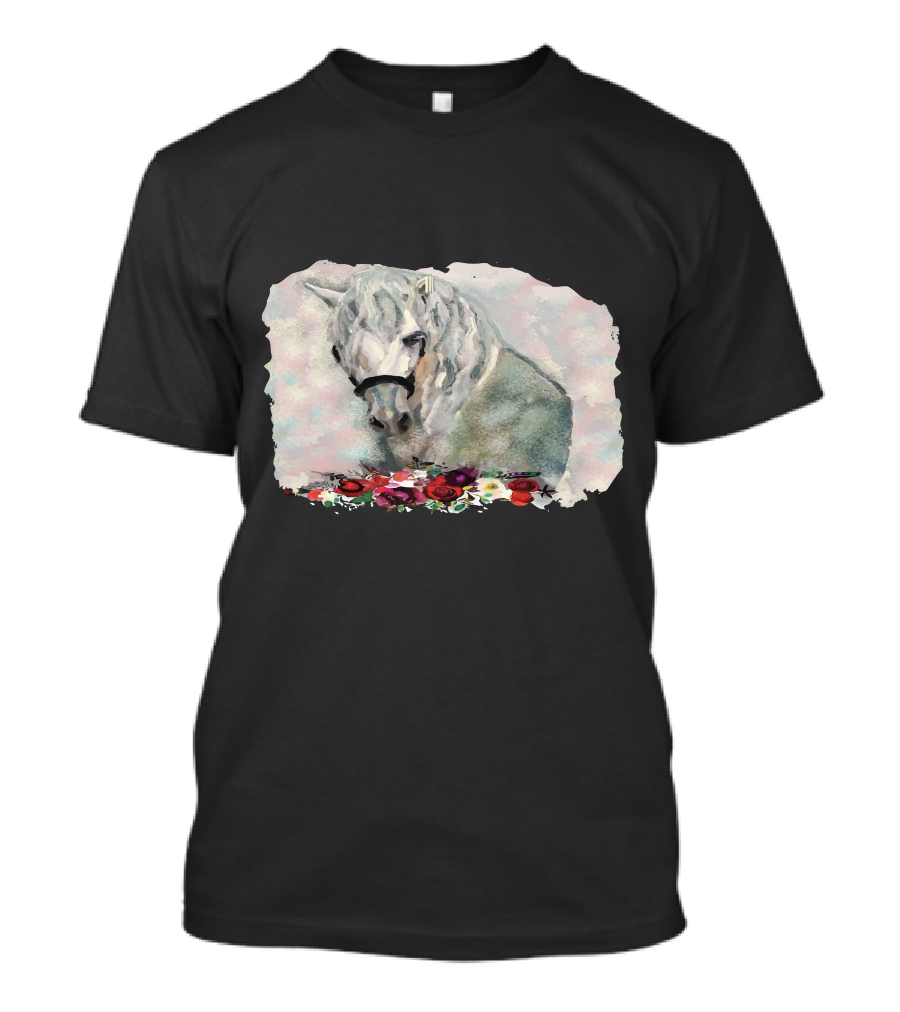 Watercolor White Horse With Floral Accents T-Shirt