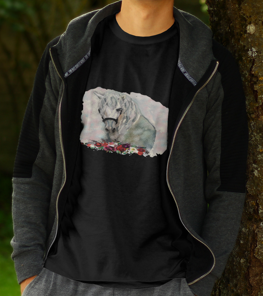 Watercolor White Horse With Floral Accents T-Shirt