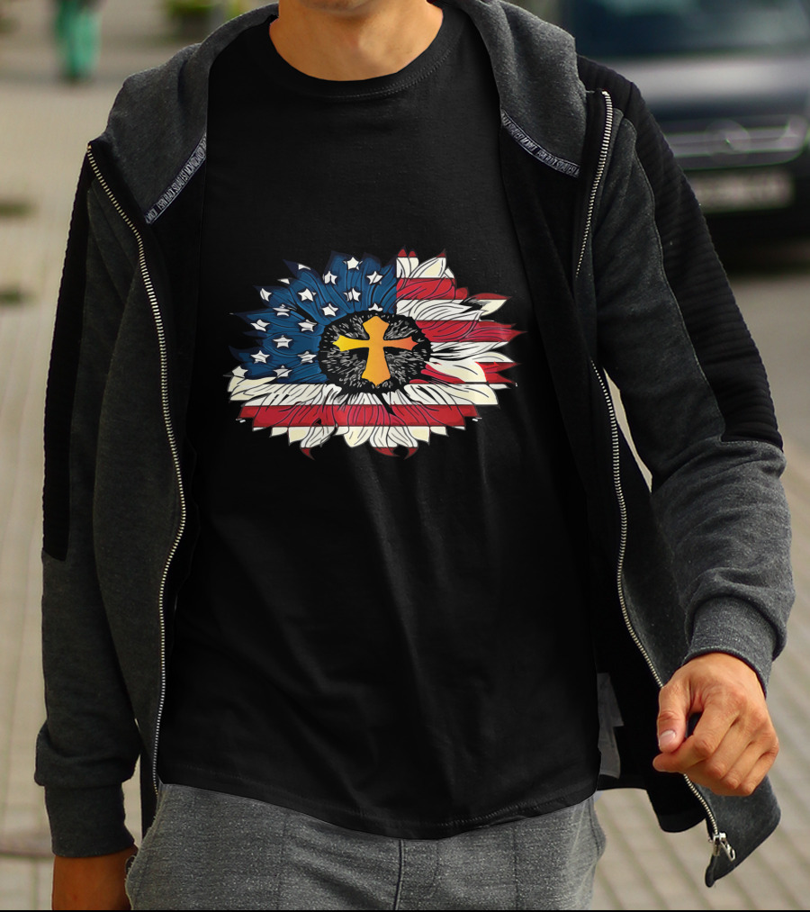 American Flag Cross Floral Design Sunflower Center T-Shirt