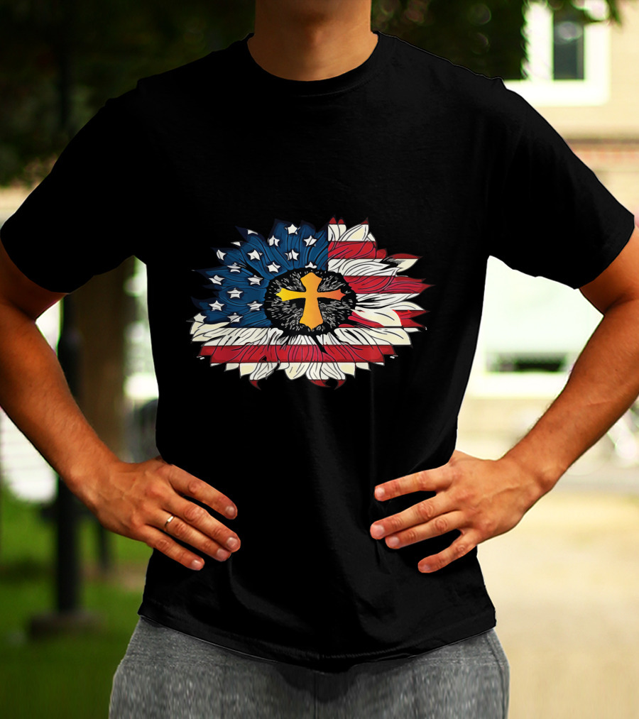 American Flag Cross Floral Design Sunflower Center T-Shirt