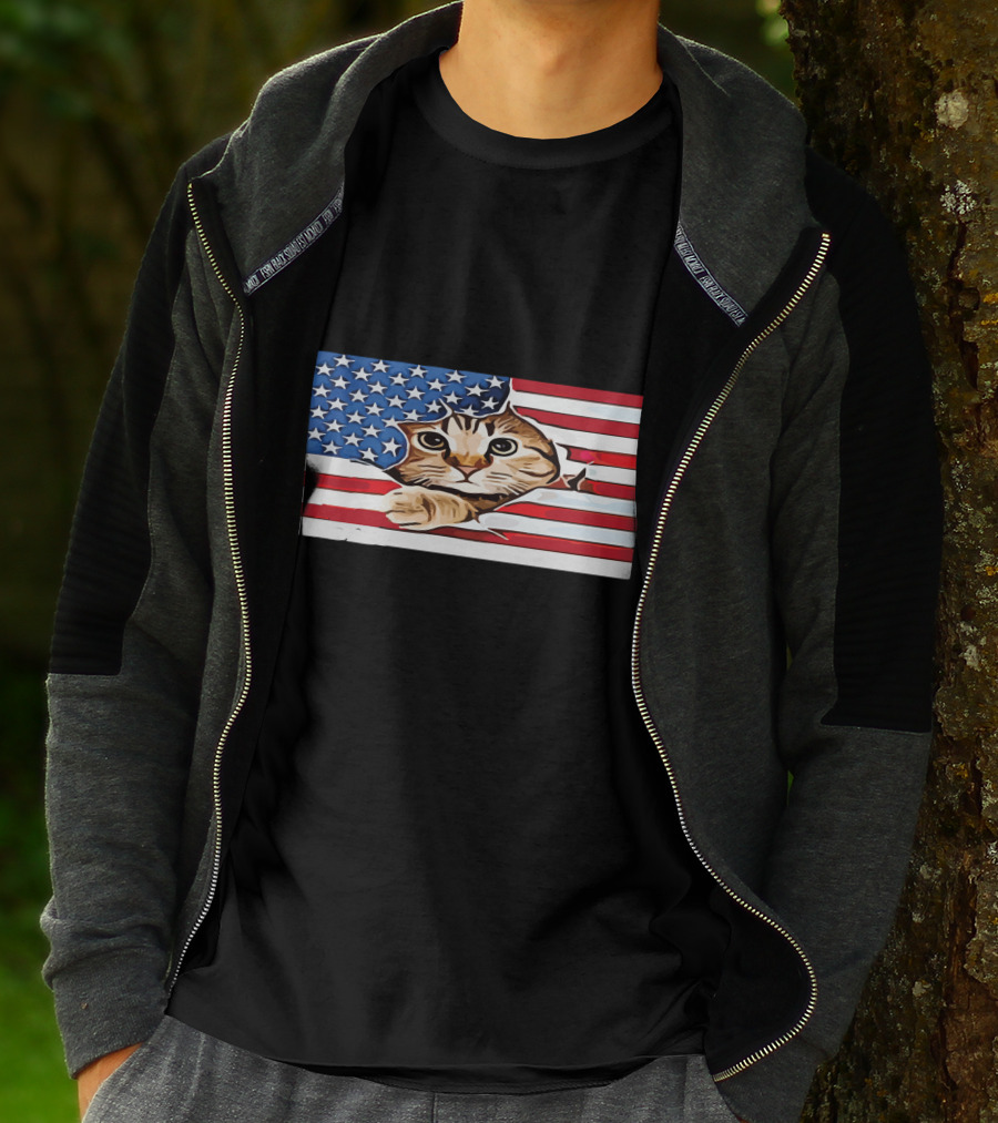 Cat Peeking Through American Flag T-Shirt