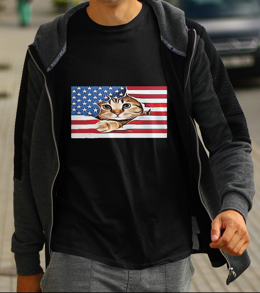 Cat Peeking Through American Flag T-Shirt