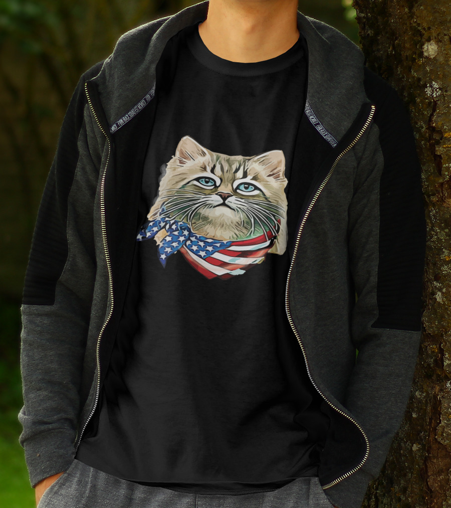 Fluffy Cat Wearing Stars And Stripes Flag Bandana T-Shirt