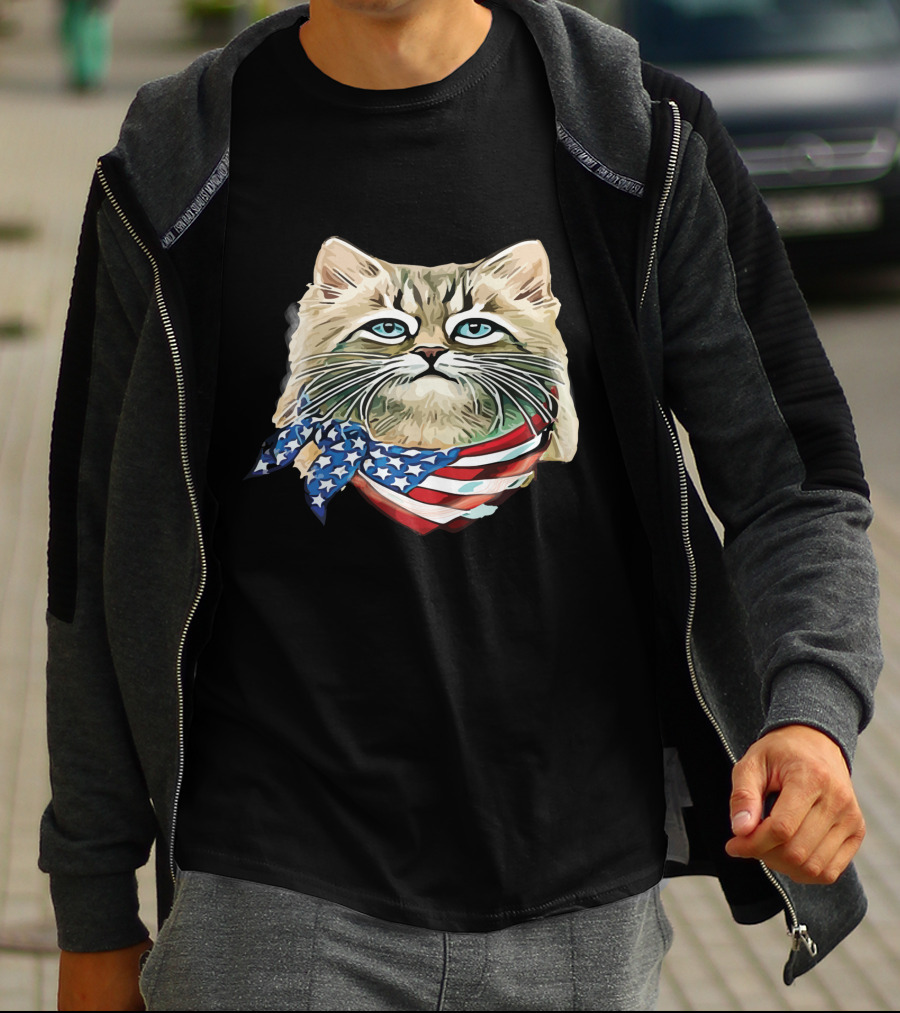 Fluffy Cat Wearing Stars And Stripes Flag Bandana T-Shirt