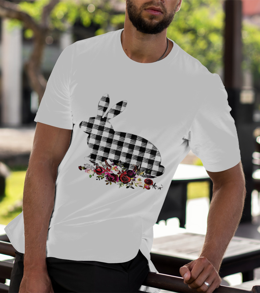 Bunny Black White Plaid Floral Roses T-Shirt