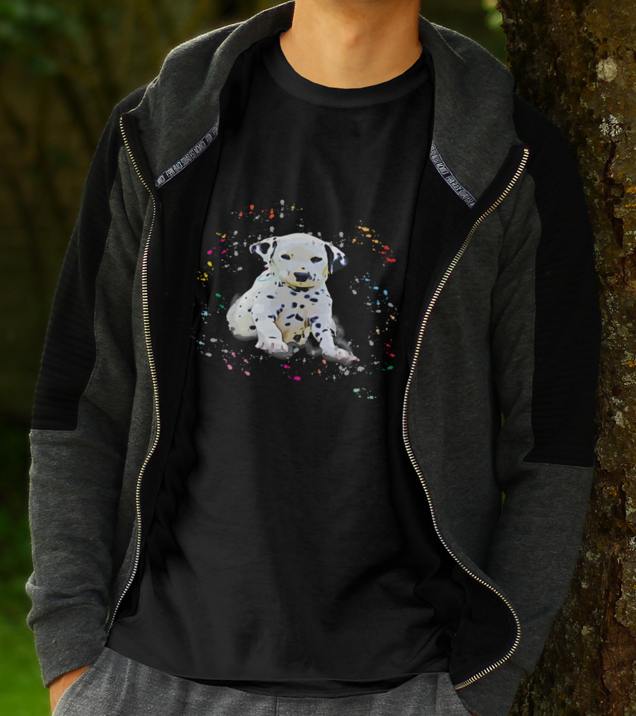 Dalmatian Puppy Surrounded By Splashes Of Colorful Snow T-Shirt