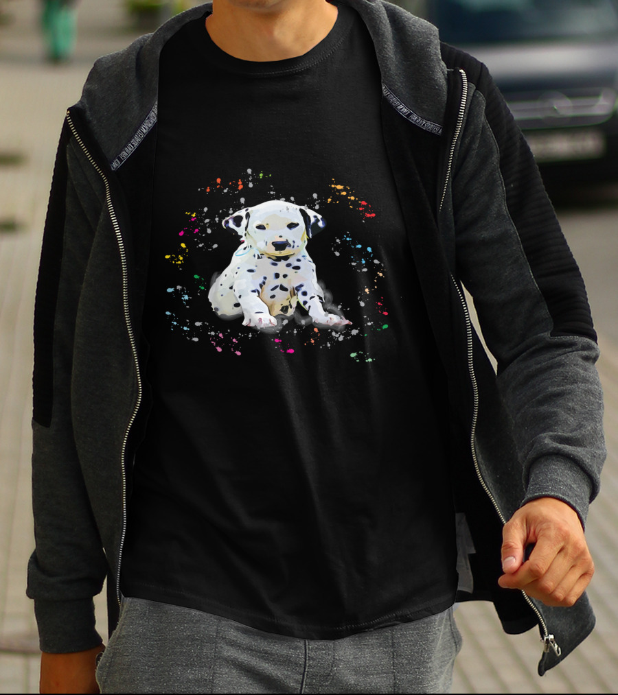 Dalmatian Puppy Surrounded By Splashes Of Colorful Snow T-Shirt