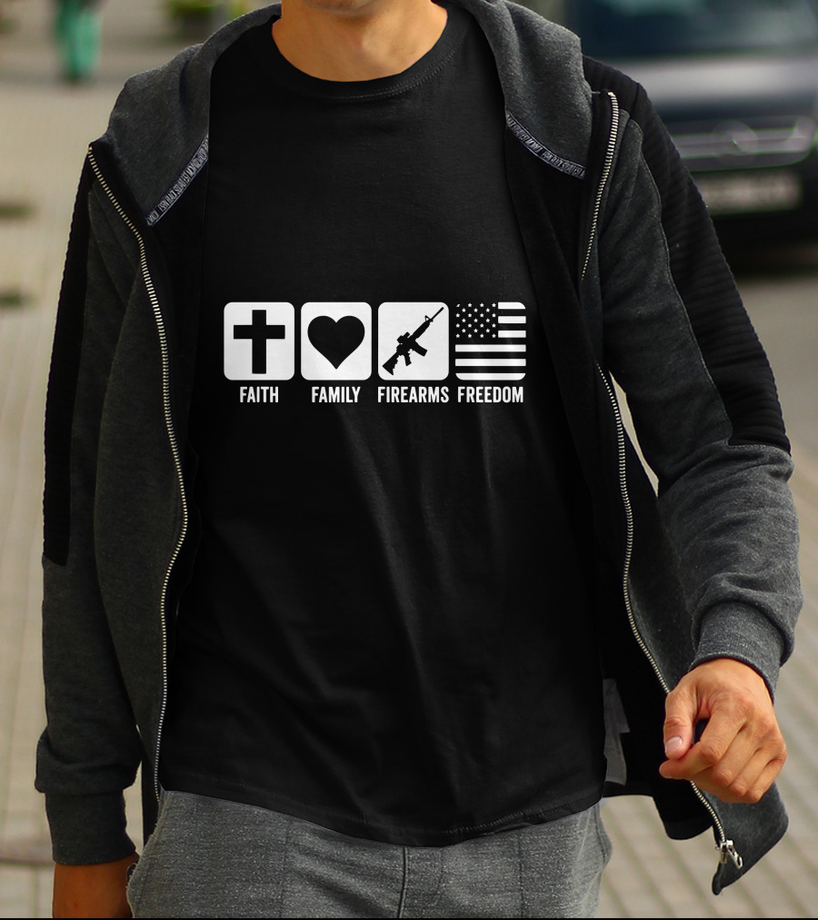 Faith Family Firearms And Freedom Cross Heart Rifle American Flag T-Shirt