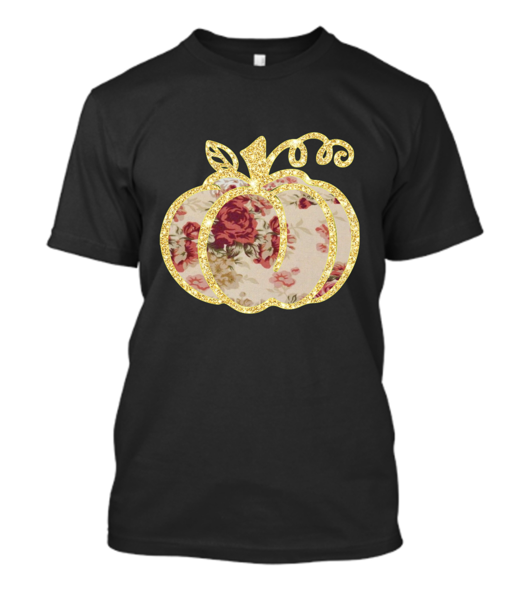 Glitter Floral Pumpkin Gold Trim T-Shirt