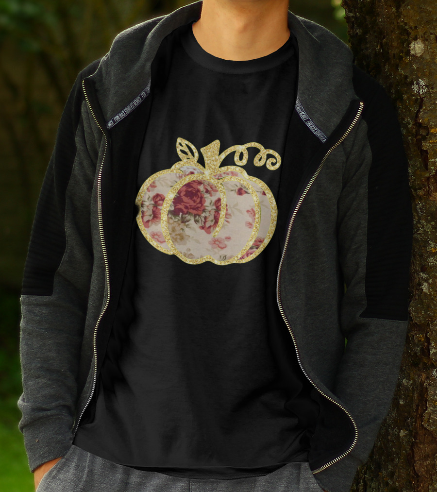 Glitter Floral Pumpkin Gold Trim T-Shirt