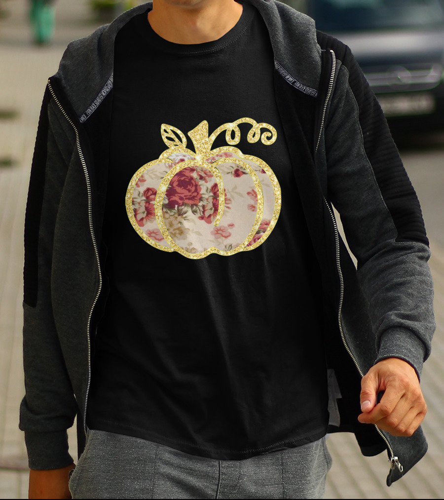 Glitter Floral Pumpkin Gold Trim T-Shirt