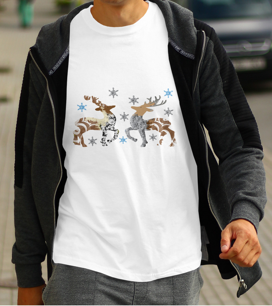 Christmas Reindeer Stone Snowflakes Brown And Silver T-Shirt