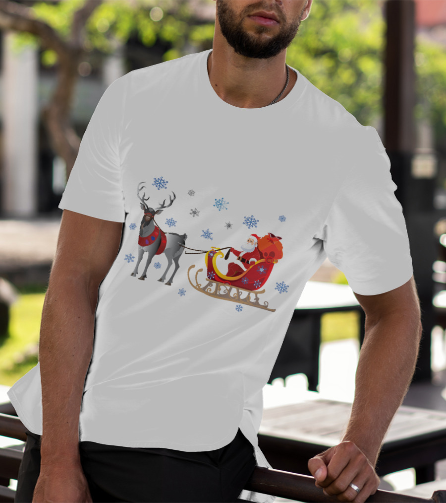 Christmas Santa With Reindeer And Sleigh Surrounded By Snowflakes T-Shirt