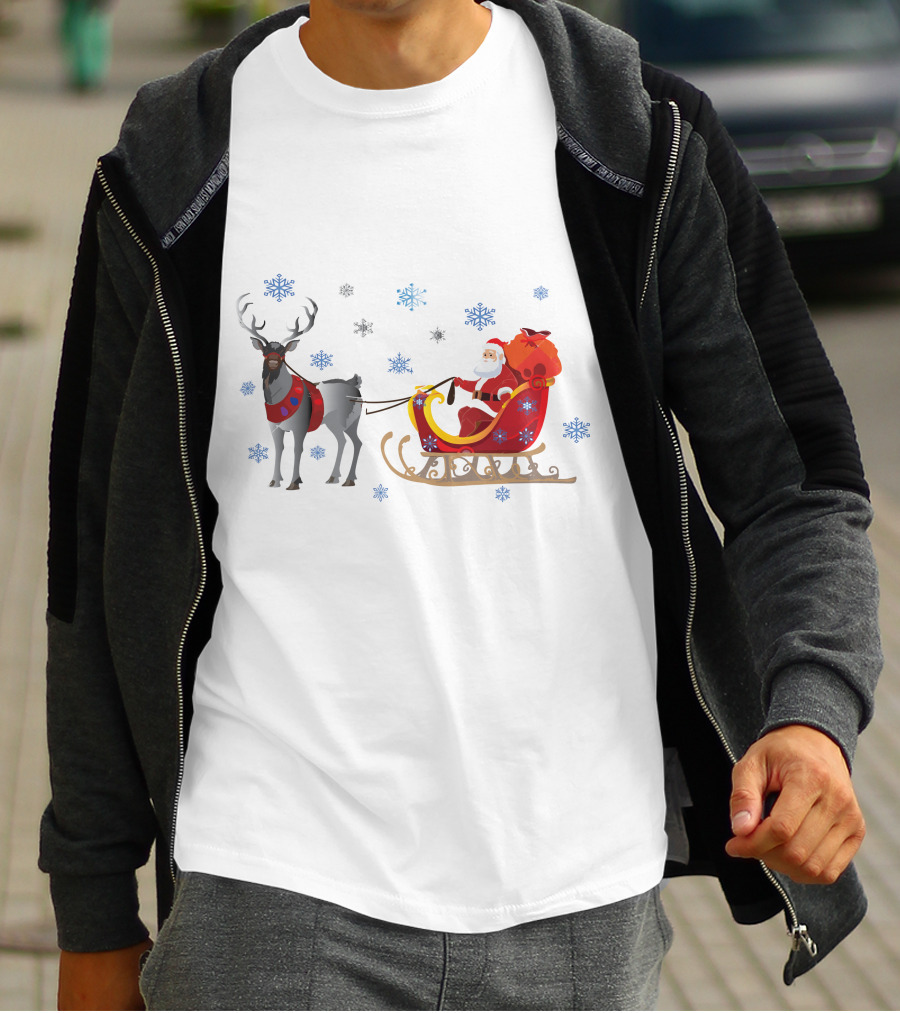Christmas Santa With Reindeer And Sleigh Surrounded By Snowflakes T-Shirt