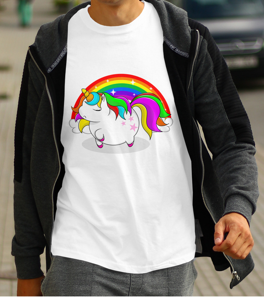 Cute Fat Unicorn With Rainbow Mane And Stars T-Shirt