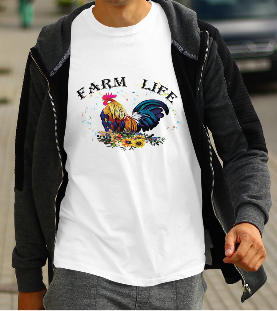 Farm Life Colorful Rooster Floral T-Shirt