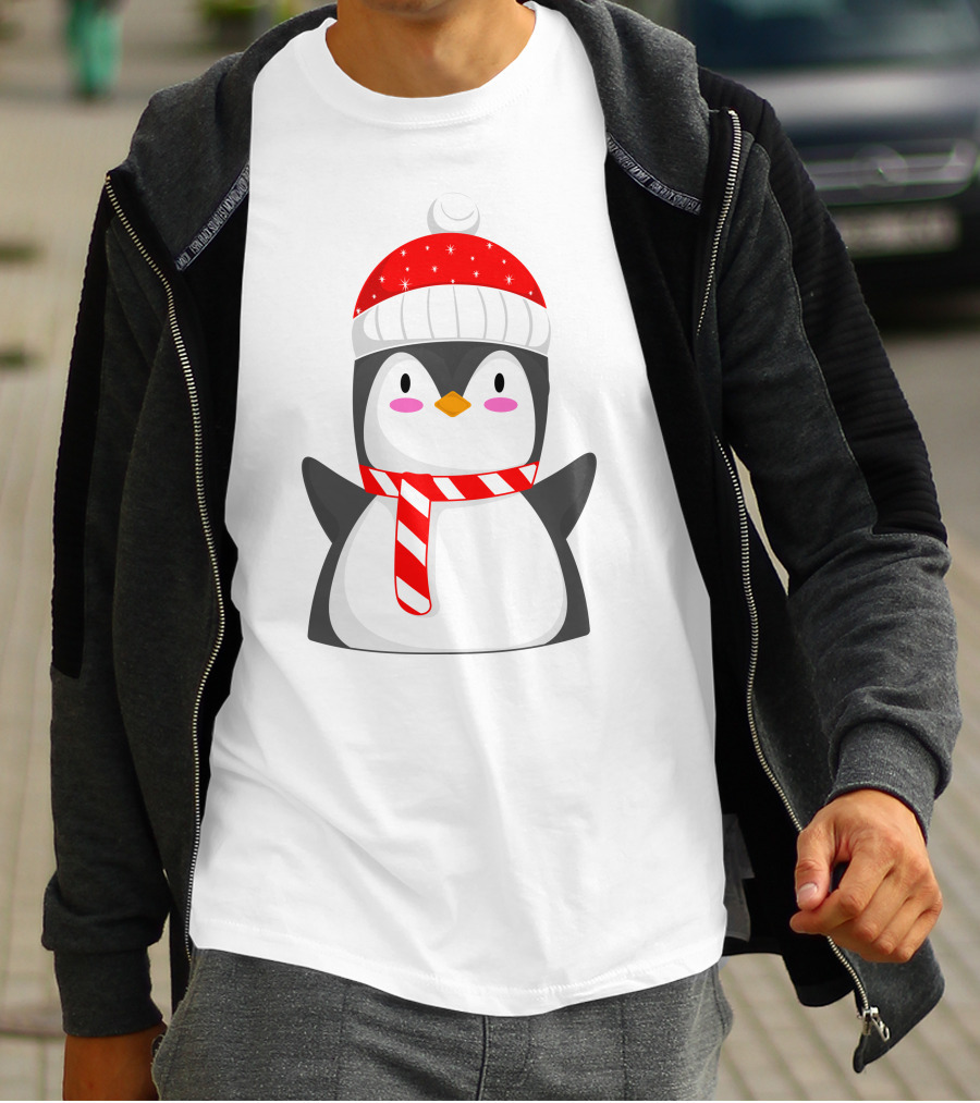 Pinguine Wearing Red Hat And Scarf Resembling A Snowman T-Shirt