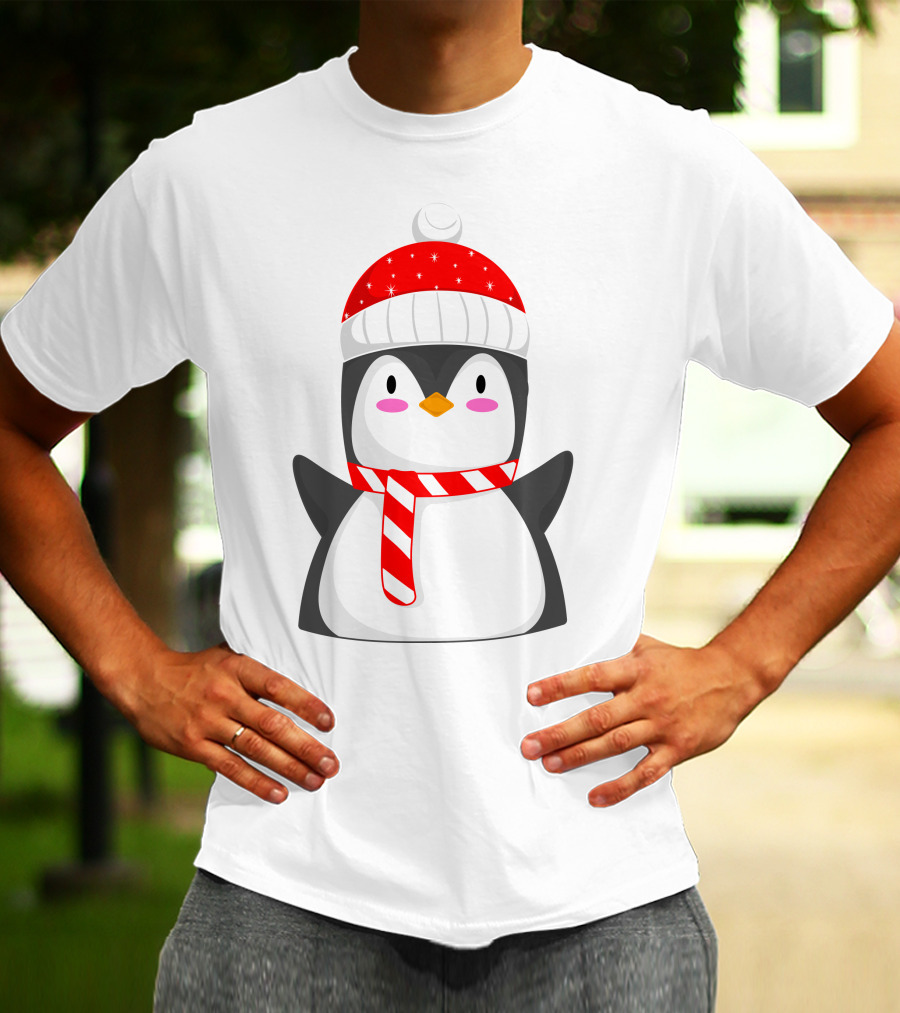 Pinguine Wearing Red Hat And Scarf Resembling A Snowman T-Shirt