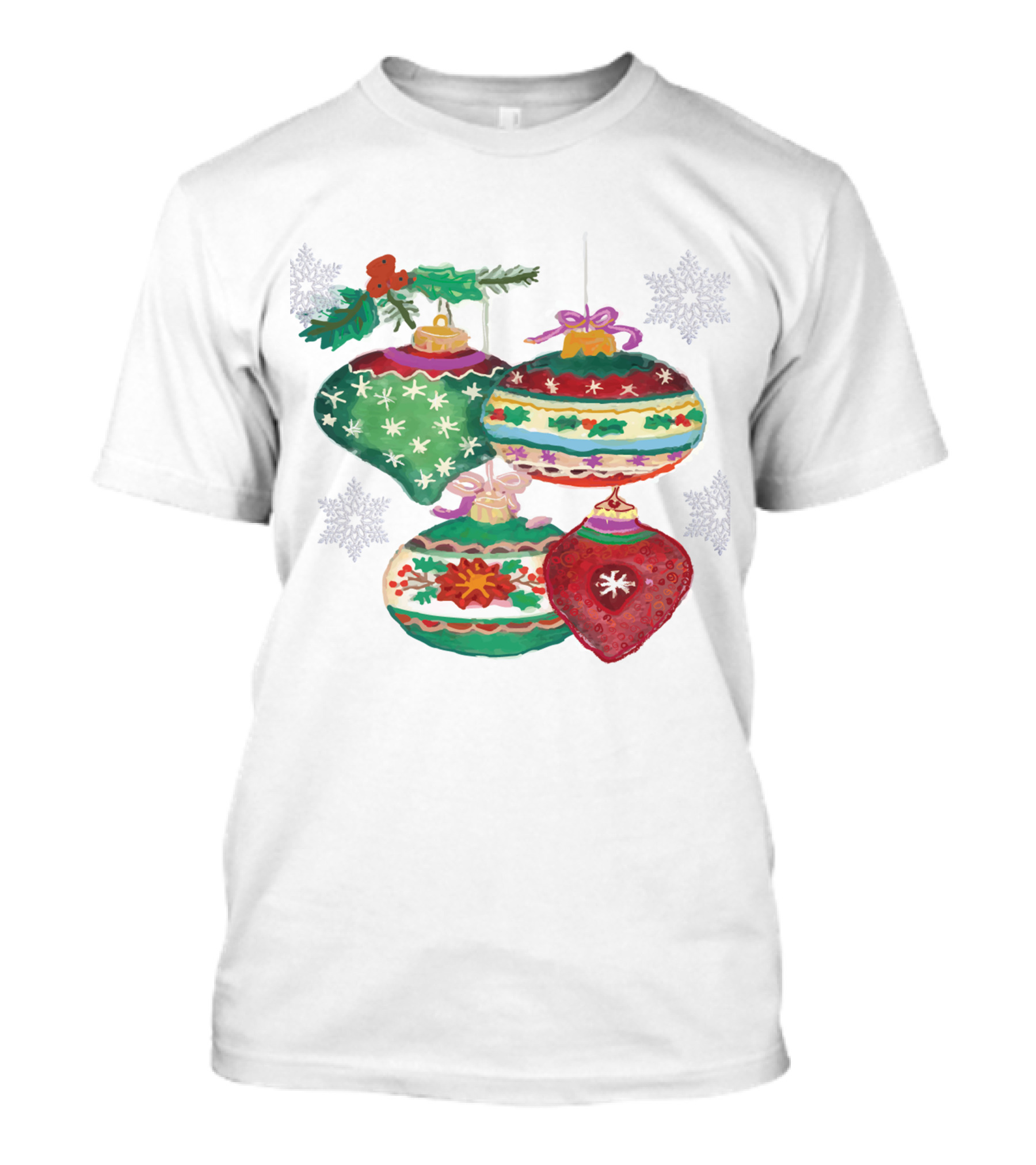Watercolor Christmas Balls Snowflake Ornaments With Holly And Ribbon Accents T-Shirt