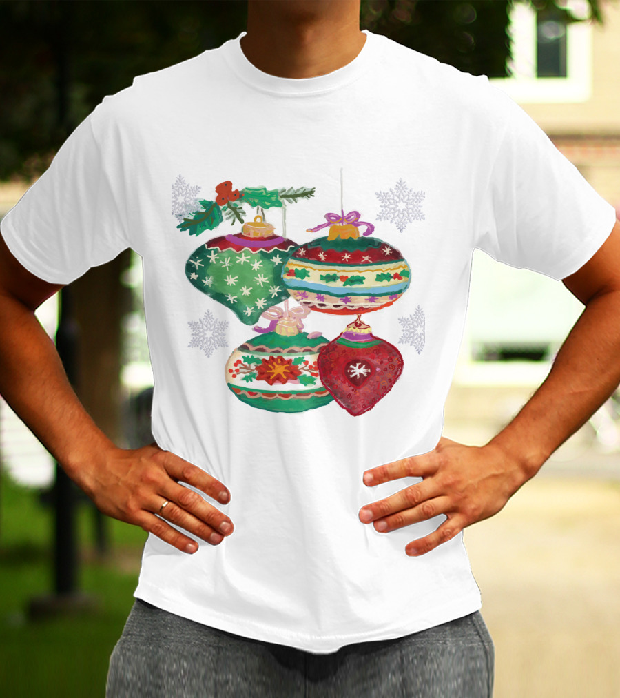 Watercolor Christmas Balls Snowflake Ornaments With Holly And Ribbon Accents T-Shirt