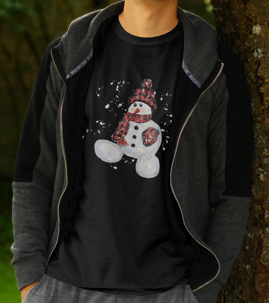 Watercolor Snowman Buffalo Plaid Hat And Scarf With Snowflakes T-Shirt